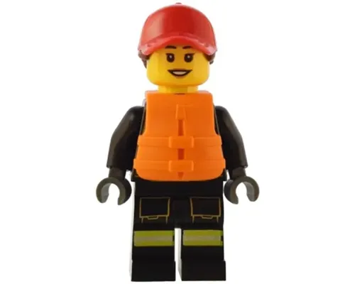 Fire - Female, Reflective Stripes with Utility Belt and Flashlight, Red Cap with Reddish Brown Ponytail, Orange Life Jacket Image