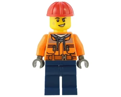 Construction Worker - Male, Orange Safety Jacket, Reflective Stripe, Sand Blue Hoodie, Dark Blue Legs, Red Construction Helmet Image