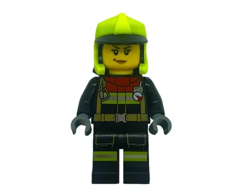 Fire - Female, Black Jacket and Legs with Reflective Stripes and Red Collar, Neon Yellow Fire Helmet, Right Raised Eyebrow, Medium Nougat Lips, Smirk Image