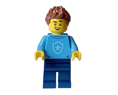 Police - City Officer in Training Male, Medium Blue Shirt with Badge, Dark Blue Legs, Reddish Brown Hair, Open Mouth Smile Image