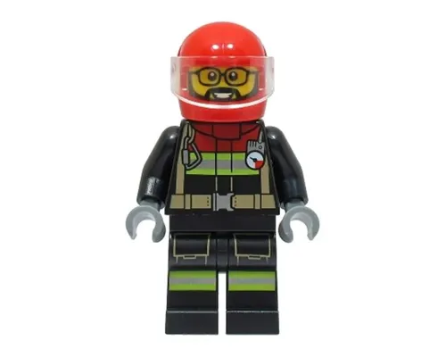 Fire - Male, Black Jacket and Legs with Reflective Stripes and Red Collar, Red Helmet, Trans-Clear Visor Image