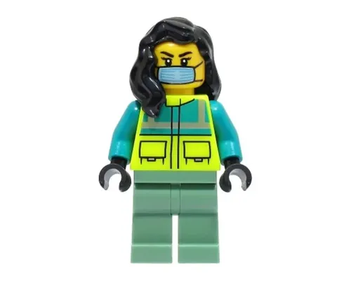 Ambulance Driver - Female, Dark Turquoise and Neon Yellow Safety Vest, Sand Green Legs, Black Hair, Surgical Mask Image