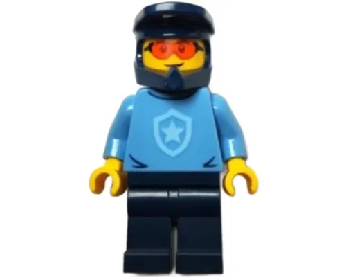 Police - City Officer, Medium Blue Shirt with Badge, Dark Blue Legs, Dark Blue Dirt Bike Helmet, Safety Glasses Image