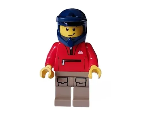 Mountain Bike Cyclist - Male, Red Tracksuit, Dark Tan Legs with Pockets, Dark Blue Dirt Bike Helmet, Lopsided Smile Image