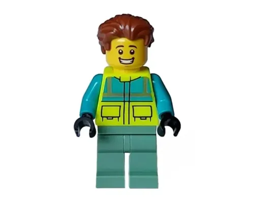 Paramedic - Male, Dark Turquoise and Neon Yellow Safety Vest, Sand Green Legs, Reddish Brown Hair, Open Mouth Smile Image