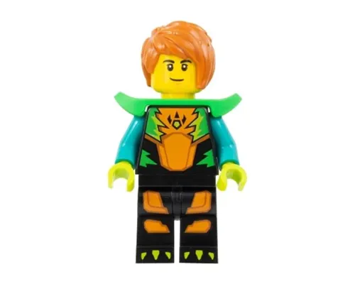 Stuntz Driver - Male, Black Jumpsuit with Orange Trim and Dark Turquoise Arms, Bright Green Shoulder Pads, Dark Orange Hair Image