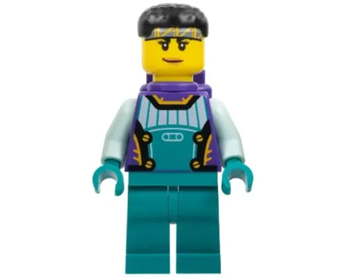 Stuntz Driver - Female, Dark Purple and Dark Turquoise Racing Suit with Light Aqua Arms, Dark Purple Air Tanks, Black Short Hair Image