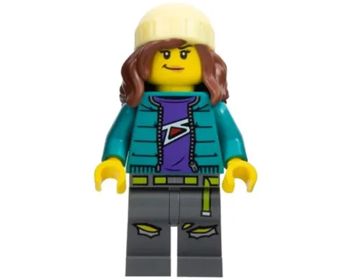 Fearless Fi - Stuntz Announcer, Dark Turquoise Jacket over Dark Purple Shirt, Dark Bluish Gray Legs, Reddish Brown Hair with Bright Light Yellow Beanie Image