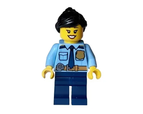 Police - City Officer Female, Shirt with Dark Blue Tie and Gold Badge, Dark Tan Belt with Radio, Dark Blue Legs, Black Ponytail Image