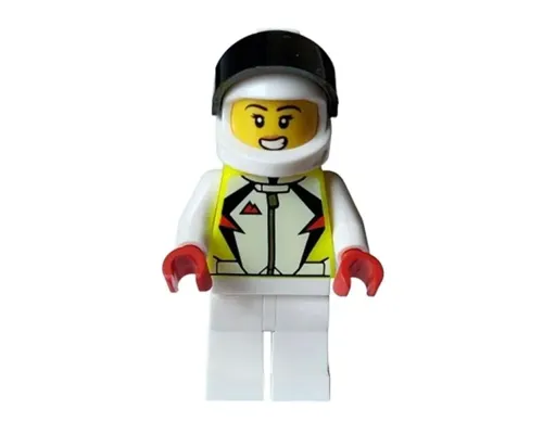 Stuntz Driver - Female, Neon Yellow Jacket, White Legs, White Helmet with Black Visor Image