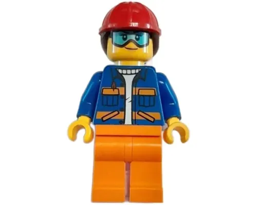 Construction Worker - Female, Blue Jacket with Diagonal Lower Pockets and Orange Stripes, Orange Legs, Red Construction Helmet with Dark Brown Ponytail Hair, Goggles Image