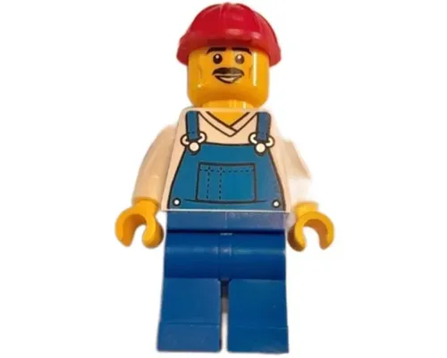 Construction Worker - Male, Blue Overalls over V-Neck Shirt, Blue Legs, Red Construction Helmet, Moustache Image