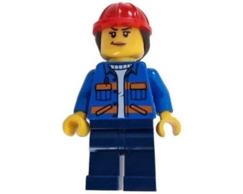 Construction Worker - Female, Blue Jacket with Diagonal Lower Pockets and Orange Stripes, Dark Blue Legs, Red Construction Helmet with Dark Brown Ponytail Hair Image