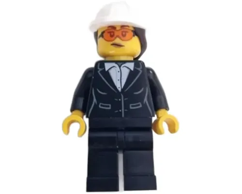 Construction Engineer / Architect - Female, Black Suit Jacket with White Button Up Shirt, Black Legs, White Construction Helmet with Dark Brown Ponytail Hair, Safety Glasses Image