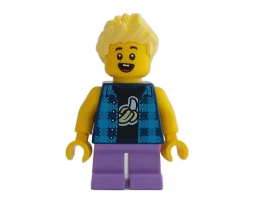 Child - Boy, Flannel Vest over Shirt with Banana, Medium Lavender Short Legs, Bright Light Yellow Spiked Hair Image