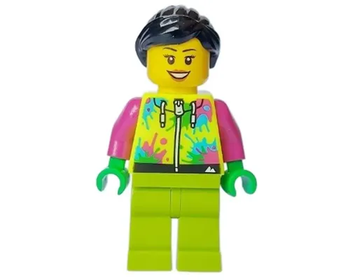 Mountain Bike Cyclist - Female, Neon Yellow Jacket with Paint Splotches, Lime Legs, Black Hair Image