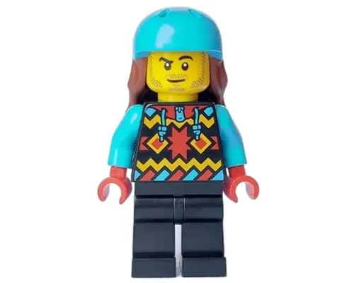 Snowboarder - Male, Geometric Jacket, Black Legs, Medium Azure Sports Helmet, Reddish Brown Long Hair Image