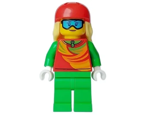 Skier - Female, Red Top, Bright Green Legs, Red Sports Helmet, Bright Light Yellow Long Hair, Ski Goggles Image