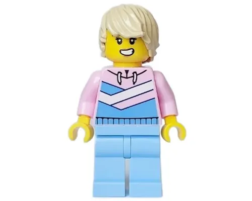 Tuk Tuk Driver - Female, Bright Pink Hoodie with Medium Blue and White Diagonal Stripes, Bright Light Blue Legs, Tan Tousled Hair Image