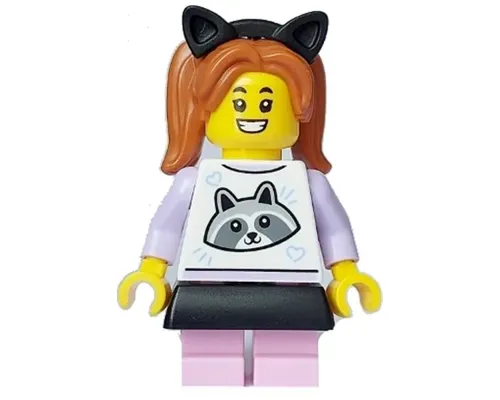 Child - Girl, White Top with Raccoon, Bright Pink Short Legs, Dark Orange Pigtails, Black Skirt and Cat Ears Image