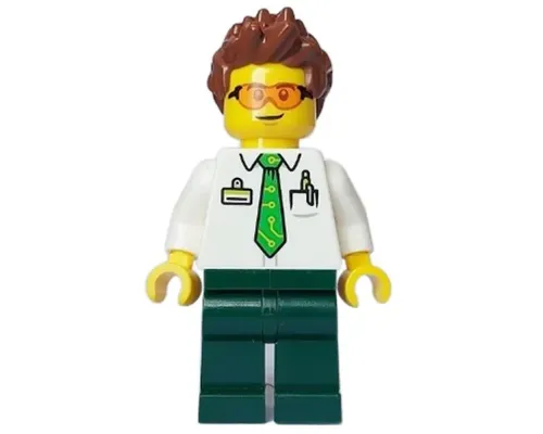 Electric Scooter Rider - Male, White Shirt with Bright Green Tie, Dark Green Legs, Reddish Brown Spiked Hair, Safety Glasses Image