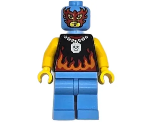 Taco Monster Truck Driver - Male, Black Sleeveless Shirt with Flames, Medium Blue Legs, Wrestling Mask Image