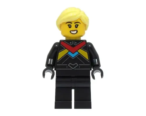 Monster Truck Driver - Female, Black Racing Suit with Red, Dark Azure and Bright Light Orange Stripes, Bright Light Yellow Hair Image