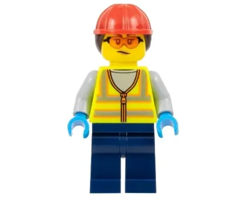 Airport Worker - Female, Neon Yellow Safety Vest, Dark Blue Legs, Red Construction Helmet with Dark Brown Ponytail Hair, Safety Glasses Image