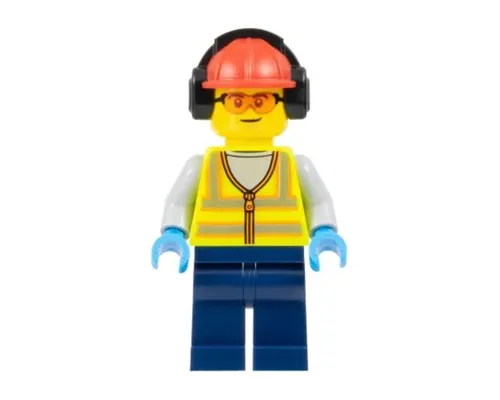 Airport Worker - Male, Neon Yellow Safety Vest, Dark Blue Legs, Red Construction Helmet with Black Ear Protectors / Headphones, Safety Glasses Image