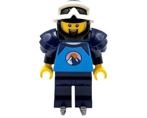 Ice Hockey Player - Male, Dark Azure and Dark Blue Shirt with Mountains, Dark Blue Legs and Shoulder Pads, Black Helmet, White Goggles, Ice Skates Image