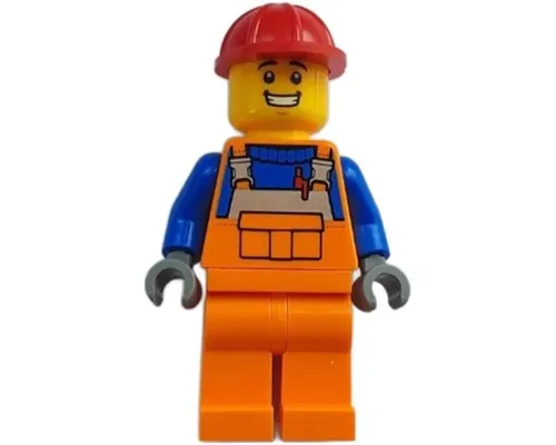 Construction Worker - Male, Orange Overalls with Reflective Stripe and Buckles over Blue Shirt, Orange Legs, Red Construction Helmet, Open Mouth Smile Image