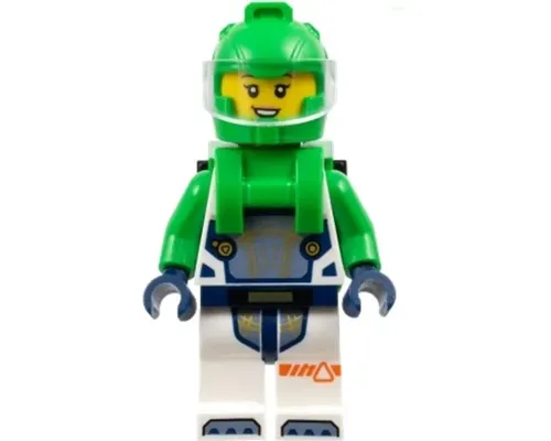 Astronaut - Female, White Spacesuit with Bright Green Arms, Bright Green Helmet, Trans-Clear Visor, Bright Green Harness with Solar Panel, Open Mouth Image