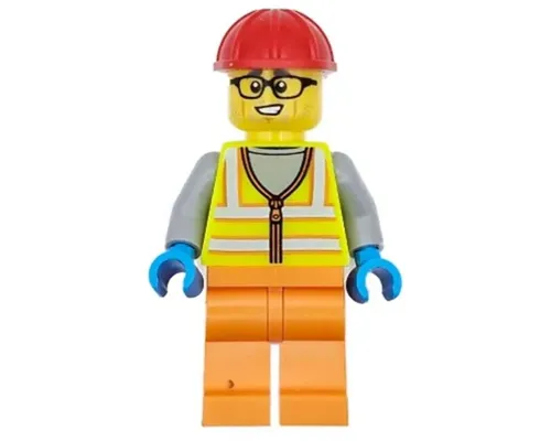 Construction Worker - Male, Neon Yellow Safety Vest, Orange Legs, Red Construction Helmet, Black Glasses Image