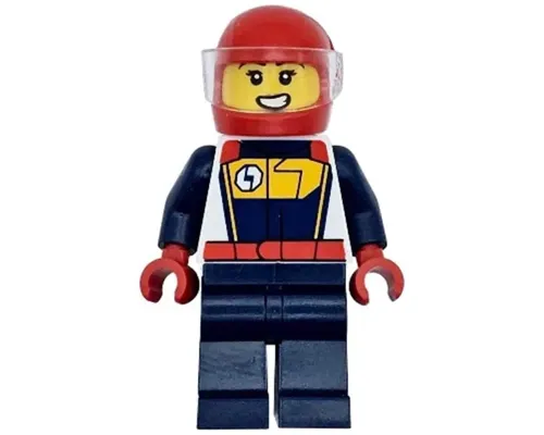 Race Car Driver - Female, White, Dark Blue and Bright Light Orange Racing Suit, Dark Blue Legs, Red Helmet Image