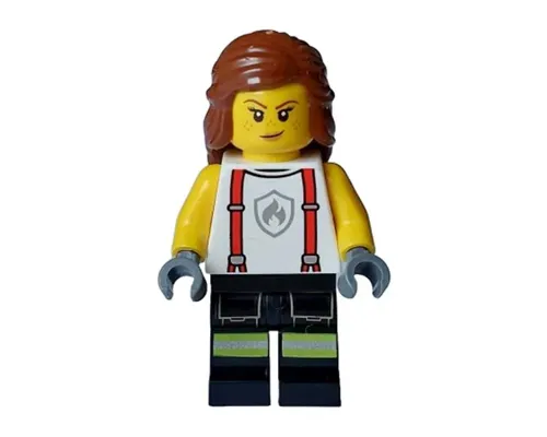 Fire - Female, White Shirt with Suspenders, Legs with Reflective Stripes, Reddish Brown Hair with Braid Image