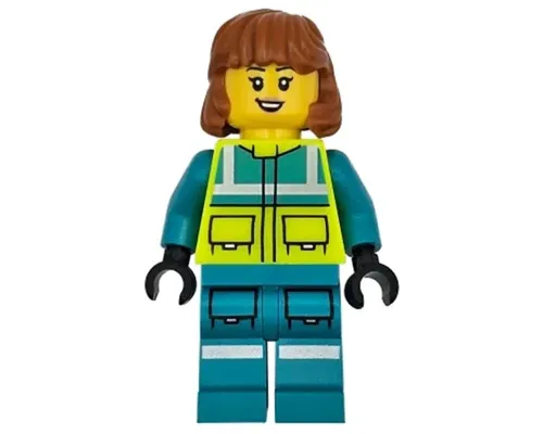 Ambulance Driver - Female, Dark Turquoise and Neon Yellow Safety Vest, Legs with Silver Reflective Stripes, Dark Orange Mid Length Hair Image