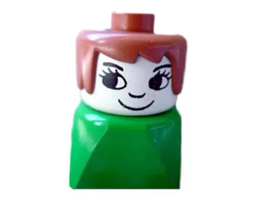 Duplo 2 x 2 x 2 Figure Brick Early, Female on Green Base, Fabuland Brown Hair, Eyelashes, Nose Image