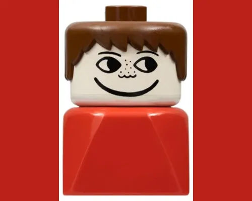 Duplo 2 x 2 x 2 Figure Brick Early, Male on Red Base, Brown Hair, Freckles Image