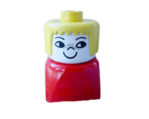 Duplo 2 x 2 x 2 Figure Brick Early, Female on Red Base, Yellow Hair, Freckles Image