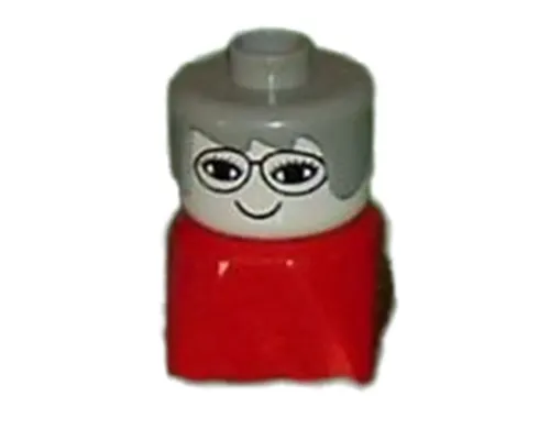 Duplo 2 x 2 x 2 Figure Brick Early, Female on Red Base, Gray Hair, Glasses (Grandmother) Image