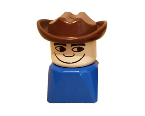 Duplo 2 x 2 x 2 Figure Brick Early, Male on Blue Base, Fabuland Brown Western Hat Image