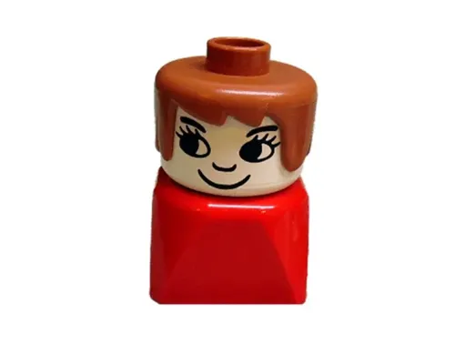 Duplo 2 x 2 x 2 Figure Brick Early, Female on Red Base, Fabuland Brown Hair, Eyelashes, Nose Image