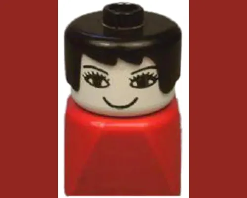 Duplo 2 x 2 x 2 Figure Brick Early, Female on Red Base, Black Hair, Eyelashes, Nose Image