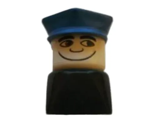 Duplo 2 x 2 x 2 Figure Brick Early, Male on Black Base, Blue Police Hat Image