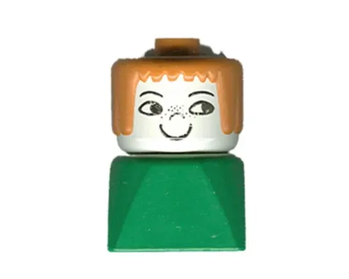 Duplo 2 x 2 x 2 Figure Brick Early, Female on Green Base, Earth Orange Hair, Nose Freckles Image