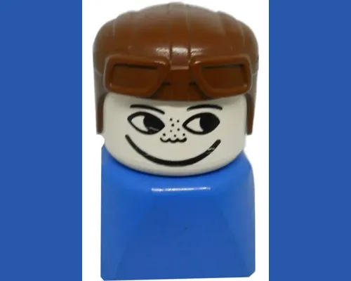 Duplo 2 x 2 x 2 Figure Brick Early, Male on Blue Base, Brown Aviator Hat, Freckles Image