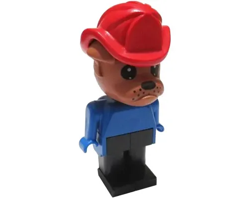 Fabuland Bulldog - Bertie Bulldog (Fireman), Brown Head, Red Fire Helmet, Blue Top Image