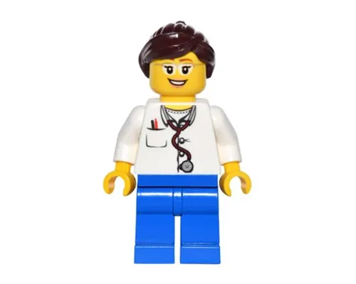 Doctor - Lab Coat Stethoscope and Thermometer, Blue Legs, Dark Brown Ponytail and Swept Sideways Fringe, Glasses and Smile Image