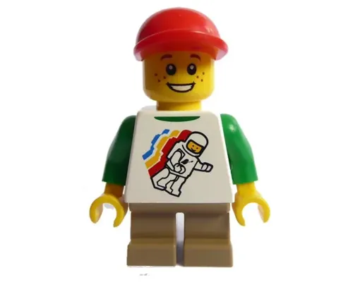 Classic Space Minifigure Floating Pattern, Short Dark Tan Legs, Red Short Bill Cap with Seams Image