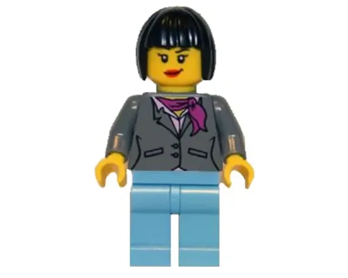 Dark Bluish Gray Jacket with Magenta Scarf, Medium Blue Legs, Black Bob Cut Hair Image